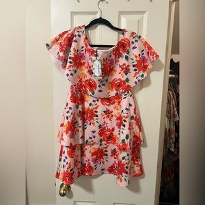 BOOHOO floral, pink skater dress. Off-shoulder. Size 12 new w/ tags